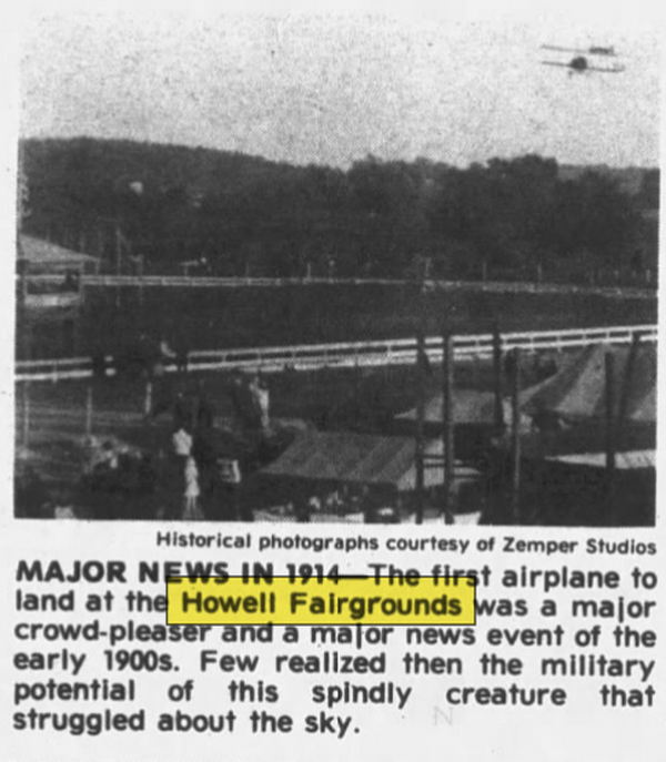 Howell Fairgrounds - Sept 1978 Article On 1914 Airplane Landing At Fairgrounds (newer photo)